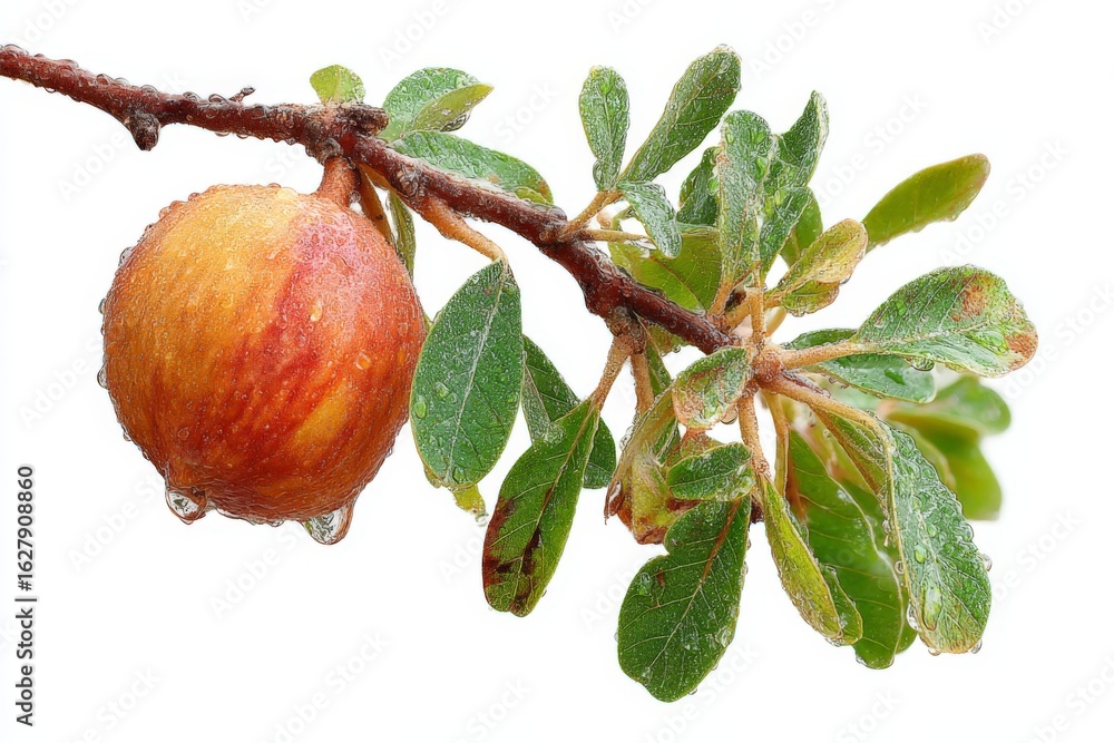 Poster fresh fruit hangs from a branch covered in droplets of water in a botanical setting