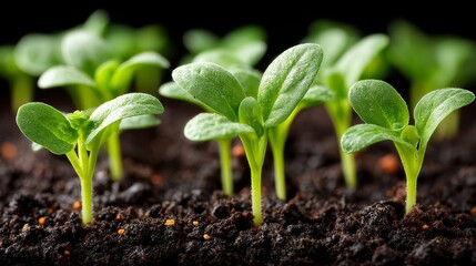 Young green plants sprouting from dark soil, fresh leaves highlighted by light, black background emphasizing vitality,