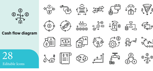 Diverse set of 28 editable financial cash flow diagram icons depicting various money management business concepts in a clean and minimalist style