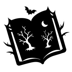 Spooky Storybook with Bat Trees and Moon in Silhouette Style silhouette