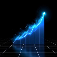 Glowing blue upward trending graph with arrow and particles chart