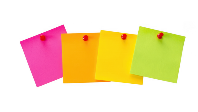 Four colorful sticky notes pinned with red thumbtacks isolated on transparent background