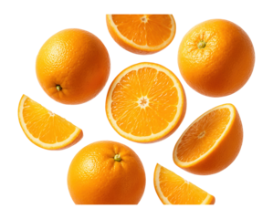 Fresh whole and sliced oranges arranged artistically showcasing vibrant colors on transparent background.