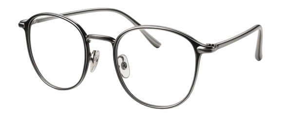 Sleek metal eyeglasses with round lenses and adjustable nose pads on transparent background.