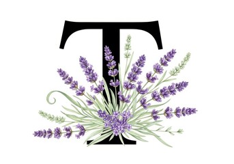 Letter T monogram with watercolor lavender flowers isolated on white background