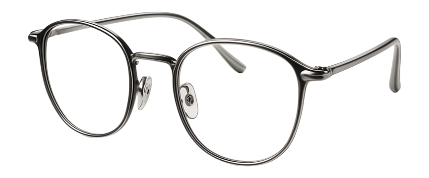 Sleek metal eyeglasses with round lenses and adjustable nose pads on transparent background.