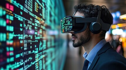 Immersive Futuristic Technology Man Wearing VR Headset Analyzing Data