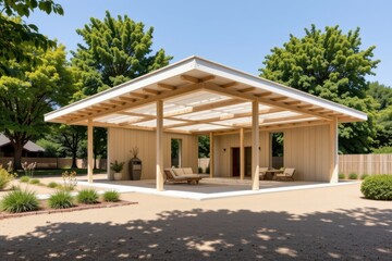 pavilion integrates solar shading systems activated by temperature sensors smart structure adapts to heat conditions ensuring comfort without external energy