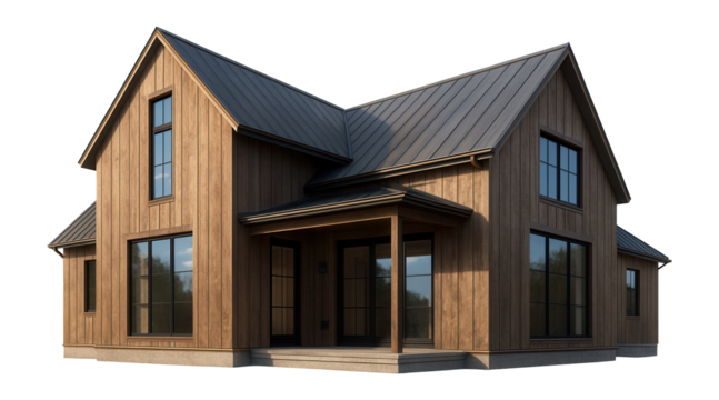 Modern two-story wooden house with large windows and a sloped metal roof on transparent background.