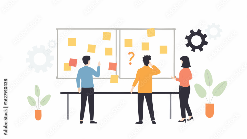 Aufkleber three people brainstorming ideas using sticky notes on a whiteboard in an office space setting