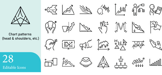 A collection of twenty-eight financial chart patterns set icon illustrations in a clean and minimalist outline design perfect for business and finance concepts.