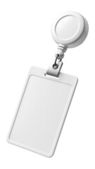 Plastic name badge holder with retractable clip and blank card on transparent background.