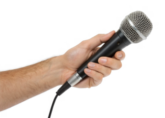  hand holding Microphone isolated on a transparent background.	