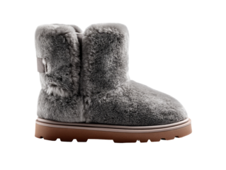 Gray faux fur winter boots, side view.  Soft, cozy, and practical.  Elevated design.  Flat, chunky sole