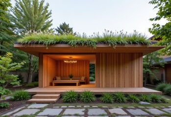 pavilion integrates living plants on roof and wall structure built with repurposed wood passive design uses only natural light and wind circulation