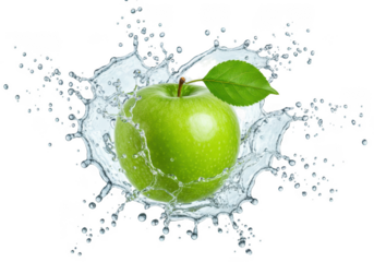A vibrant green apple with a leaf, captured midsplash in clear water, isolated on a transparent background