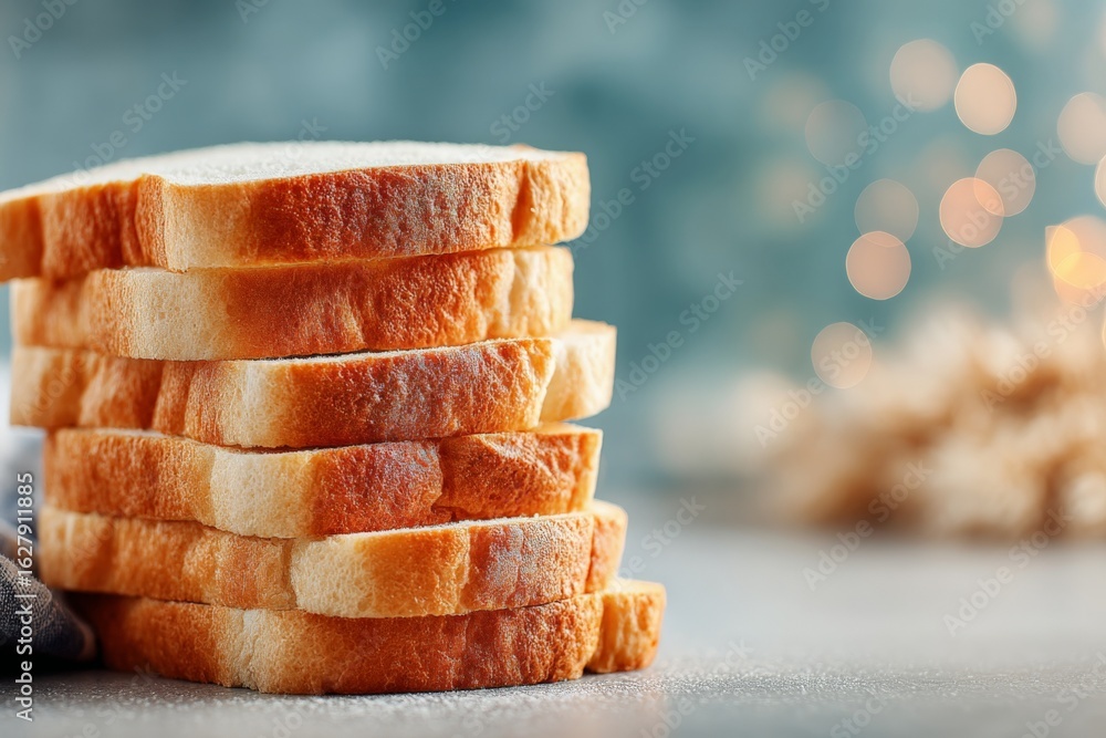 Poster stack of fresh bread slices on a countertop with soft lighting creating a warm atmosphere