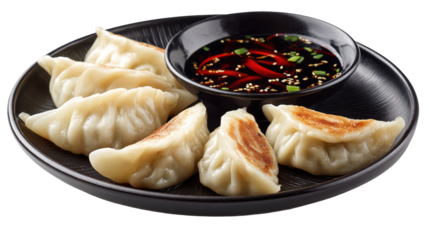 Traditional dumpling momos food from Nepal served with tomato chutney in plate isolated.