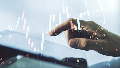Navigating Financial Data: A focused finger interacts with a digital tablet, revealing an intricate overlay of global financial data