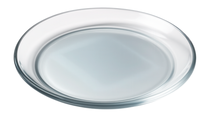 Transparent glass dinner plate with a smooth, flat surface designed for serving food on transparent background.
