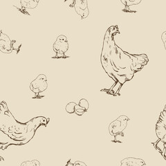 Hand-drawn seamless vintage-style pattern with chickens and chicks on a light background.