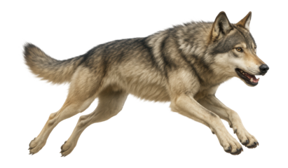 A dynamic image of a gray wolf in mid-stride, highlighting its agility and strength on transparent background.
