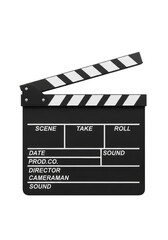 Black film clapperboard with its top arm slightly open, revealing black and white stripes and blank 'SCENE', 'TAKE', 'ROLL', 'DATE', 'PROD.CO.', 'DIRECTOR', 'CAMERAMAN', 'SOUND' fields, isolated on a