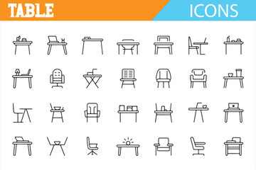 Line art icons representing various table types and home furniture.