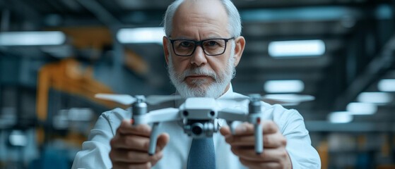 An elderly man wearing glasses holds a drone. In articles about technology and hobbies for the elderly.