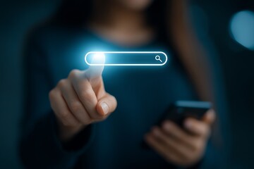 A woman's hand is pointing at the search bar on her phone, with an illuminated light and holographic, glowing icon floating above it.