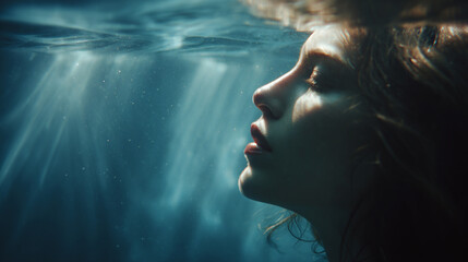 Artistic image of a lady under water still overwhelms swarm swamp underwater effortless siren serein calm cool unemotional