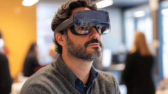 Concentrated Man Using Smart Glasses in Technology Enhanced Office Environment