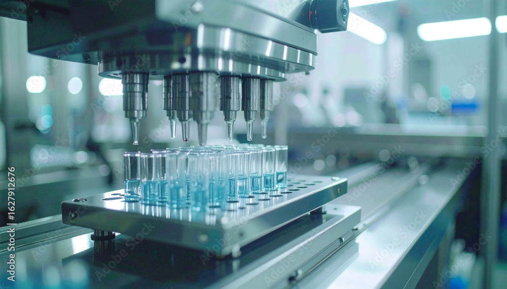 Poster automated filling process: an automated machine precisely dispenses a clear liquid into rows of glas