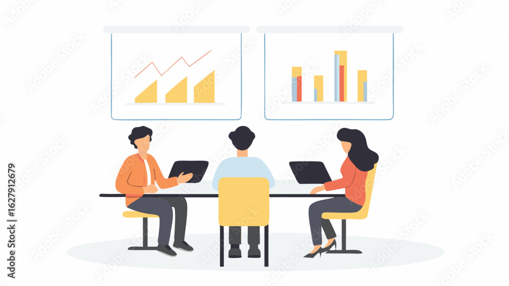 Poster people at a meeting discussing charts and graphs on screens with laptops on a table in a bright room