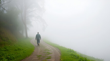 A man walking on a winding path in a dense fog, his steady pace breaking the stillness