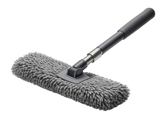Gray microfiber cleaning mop with a long black handle designed for efficient dusting and cleaning on transparent background.
