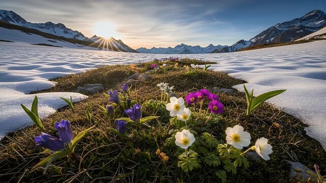 Blooming Wildflowers Growing in Snowy Mountain Landscape at Sunset