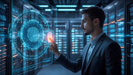 Man Accessing Secure Data with Fingerprint Authentication in Server Room
