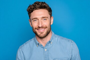 Obraz premium Smiling man with short curly hair poses against a solid blue background in a casual shirt during a bright, cheerful moment