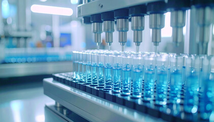 Automated precision in laboratory: A close-up captures the meticulous operation of automated machinery in a sterile laboratory, filling rows of transparent vials with vibrant, blue liquid.