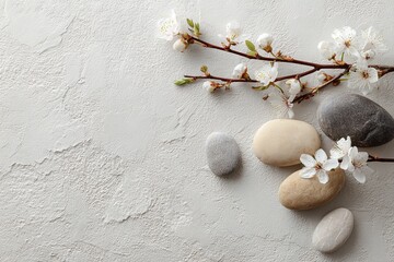 Photo of Zen stones and cherry blossom branch on a textured background, with a white and gray color palette