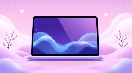 digital tablet mockup on pastel pink background with abstract wavy screen