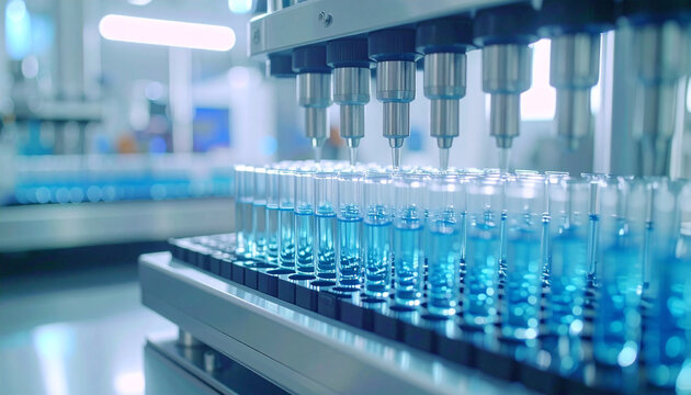 Automated precision in laboratory: A close-up captures the meticulous operation of automated machinery in a sterile laboratory, filling rows of transparent vials with vibrant, blue liquid.