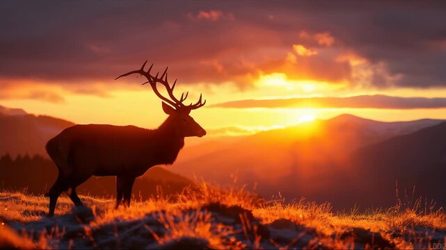 A deer with large horns stands in the mountains against the backdrop of a sunset