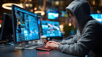 Cybersecurity Specialist Immersed: A focused individual, illuminated by the glow of multiple computer screens, engages in intricate cybersecurity work within a high-tech environment. - Powered by Adobe
