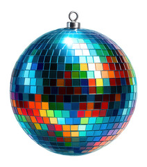Multi-colored disco ball ornament with reflective square tiles and a metal loop on transparent background.