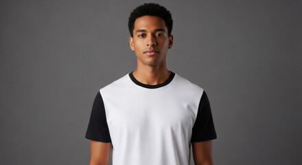 A young Black man with short dark hair and a neutral expression stands facing forward, wearing a white t-shirt with black sleeves against a plain gray background.