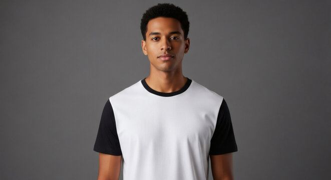 A young Black man with short dark hair and a neutral expression stands facing forward, wearing a white t-shirt with black sleeves against a plain gray background.