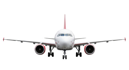 Naklejka premium A modern commercial passenger jet airplane, transparent fuselage, vibrant red accents on tail, powerful turbofan engines, extended landing gear, isolated front view on seamless transparent studio