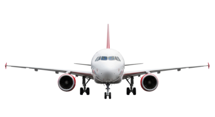 A modern commercial passenger jet airplane, transparent fuselage, vibrant red accents on tail, powerful turbofan engines, extended landing gear, isolated front view on seamless transparent studio